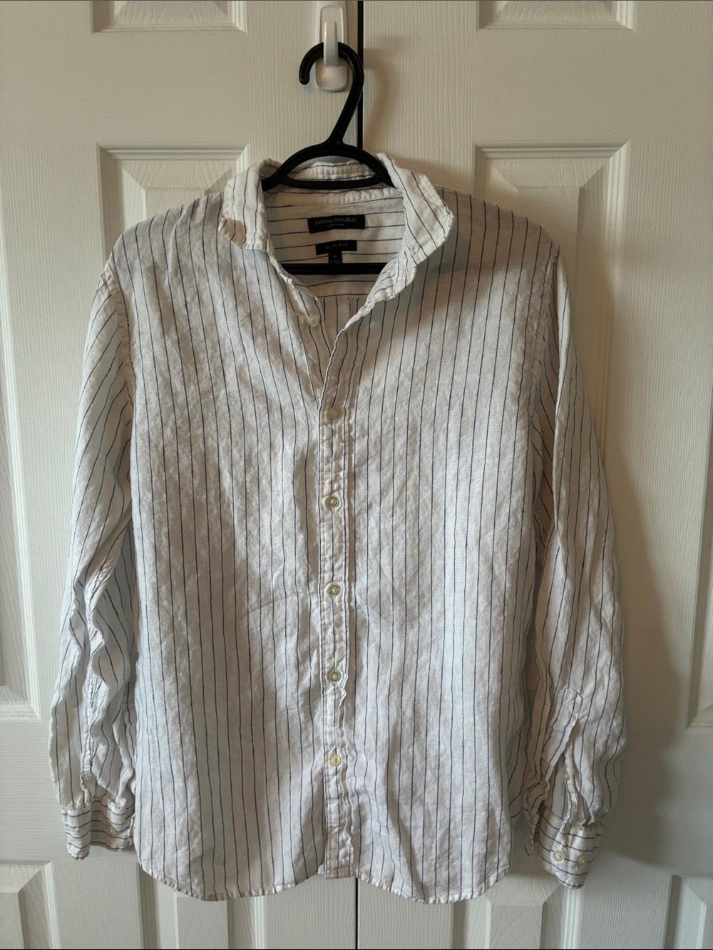 Banana Republic Linen White Shirt with Thin Navy Stripes